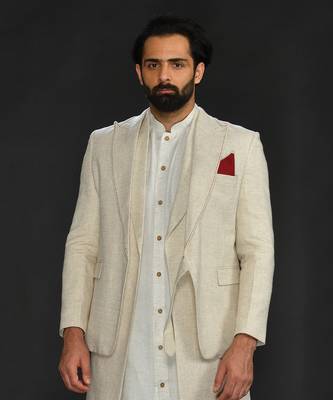 Blazer With Long Bundi And Kurta With Saddle Stitch On Lapel Paired With Flax Churidar 4