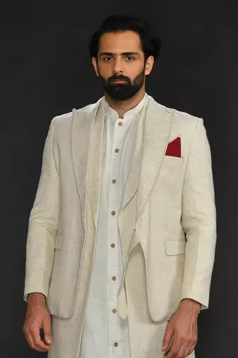 Blazer With Long Bundi And Kurta With Saddle Stitch On Lapel Paired With Flax Churidar