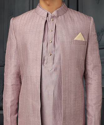 Lilac Vis/Silk Indowestern With Pure Chanderi Kurta And Trouser 3