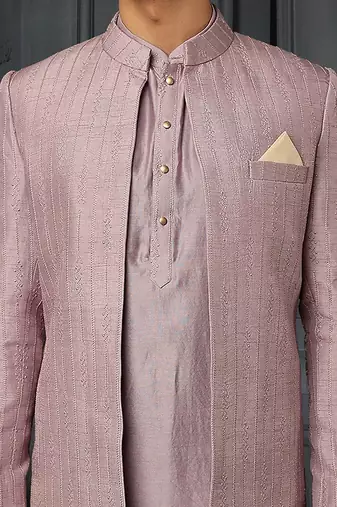 Lilac Vis/Silk Indowestern With Pure Chanderi Kurta And Trouser
