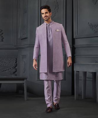 Lilac Vis/Silk Indowestern With Pure Chanderi Kurta And Trouser 1