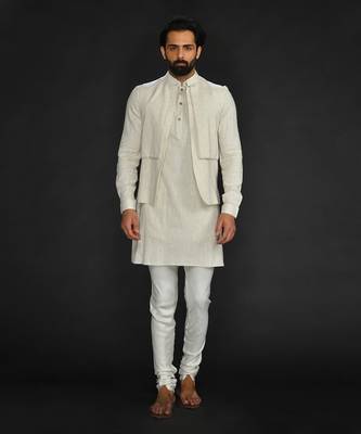Flax Bundi And Kurta With Saddle Stitch On Bundi Paired With Flax Churidar 1