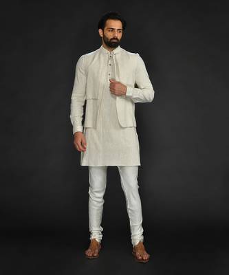 Flax Bundi And Kurta With Saddle Stitch On Bundi Paired With Flax Churidar 3