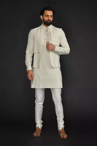 Flax Bundi And Kurta With Saddle Stitch On Bundi Paired With Flax Churidar