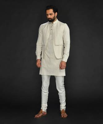 Flax Bundi And Kurta With Saddle Stitch On Bundi Paired With Flax Churidar 4