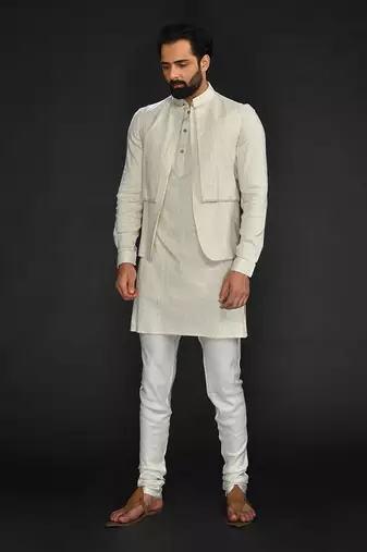 Flax Bundi And Kurta With Saddle Stitch On Bundi Paired With Flax Churidar