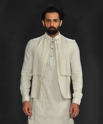 Flax Bundi And Kurta With Saddle Stitch On Bundi Paired With Flax Churidar 5