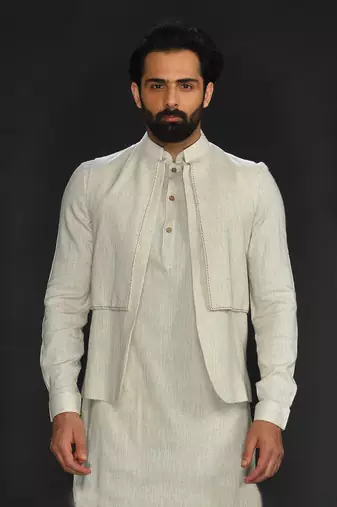 Flax Bundi And Kurta With Saddle Stitch On Bundi Paired With Flax Churidar