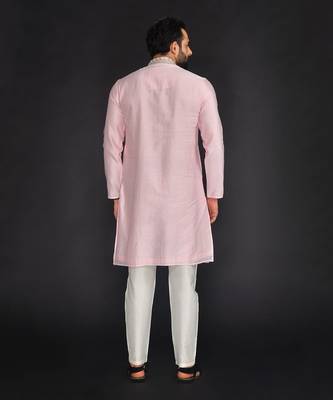 Baby Pink Pure Chanderi Emb. Kurta With Off White Chudidar 2