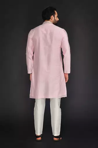 Baby Pink Pure Chanderi Emb. Kurta With Off White Chudidar