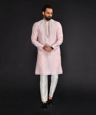 Baby Pink Pure Chanderi Emb. Kurta With Off White Chudidar 1