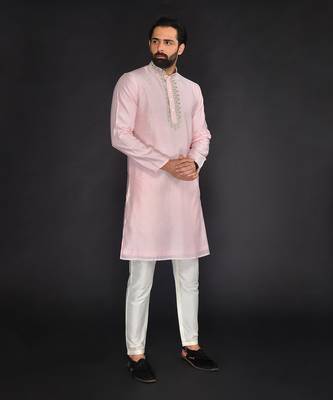 Baby Pink Pure Chanderi Emb. Kurta With Off White Chudidar 3