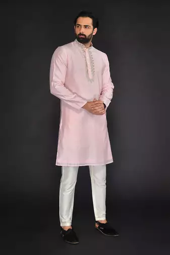 Baby Pink Pure Chanderi Emb. Kurta With Off White Chudidar