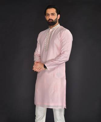 Baby Pink Pure Chanderi Emb. Kurta With Off White Chudidar 4