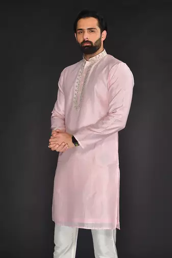 Baby Pink Pure Chanderi Emb. Kurta With Off White Chudidar