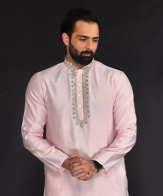 Baby Pink Pure Chanderi Emb. Kurta With Off White Chudidar 5
