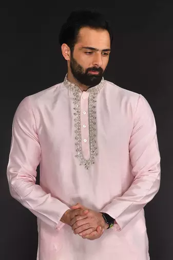 Baby Pink Pure Chanderi Emb. Kurta With Off White Chudidar