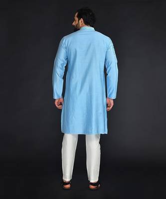 Blue Pure Chanderi Emb. Kurta With Off White Chudidar 2
