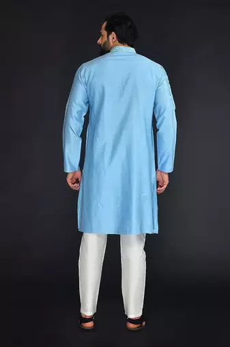 Blue Pure Chanderi Emb. Kurta With Off White Chudidar