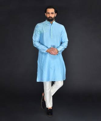 Blue Pure Chanderi Emb. Kurta With Off White Chudidar 1
