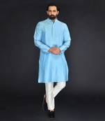 Blue Pure Chanderi Emb. Kurta With Off White Chudidar