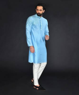 Blue Pure Chanderi Emb. Kurta With Off White Chudidar 3
