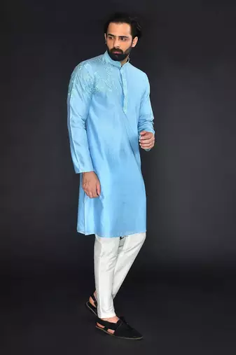 Blue Pure Chanderi Emb. Kurta With Off White Chudidar