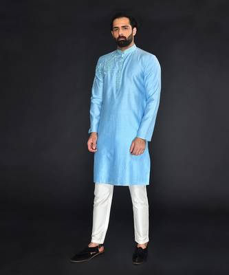 Blue Pure Chanderi Emb. Kurta With Off White Chudidar 4