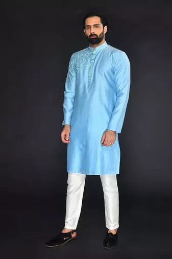 Blue Pure Chanderi Emb. Kurta With Off White Chudidar