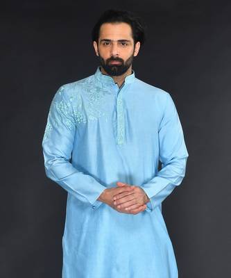 Blue Pure Chanderi Emb. Kurta With Off White Chudidar 5