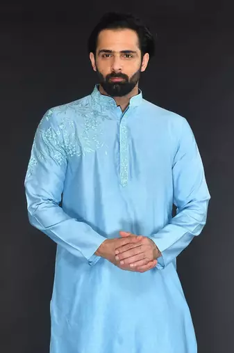 Blue Pure Chanderi Emb. Kurta With Off White Chudidar