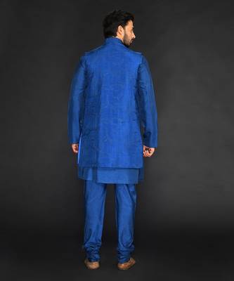 Dark Blue Embroidered Long Bundi With Kurta And Churidar 2
