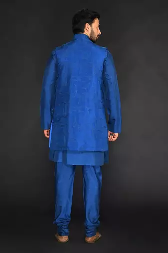 Dark Blue Embroidered Long Bundi With Kurta And Churidar