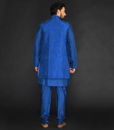 Dark Blue Embroidered Long Bundi With Kurta And Churidar