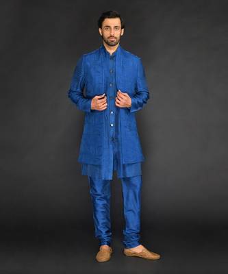 Dark Blue Embroidered Long Bundi With Kurta And Churidar 1