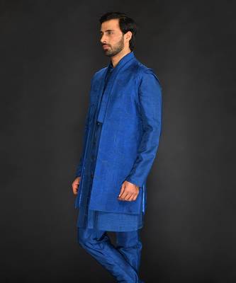 Dark Blue Embroidered Long Bundi With Kurta And Churidar 3