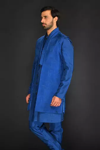 Dark Blue Embroidered Long Bundi With Kurta And Churidar