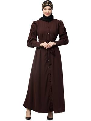 Nazneen Front Open long Cuff Gathered Puffed Sleeve Casual Abaya 1