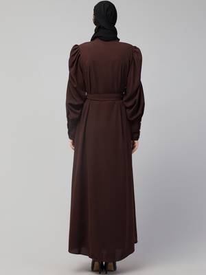 Nazneen Front Open long Cuff Gathered Puffed Sleeve Casual Abaya 2