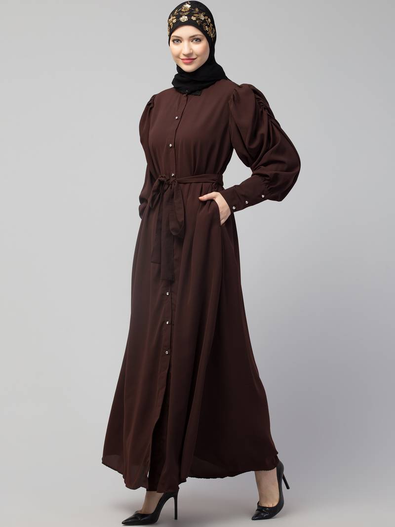 Nazneen Front Open long Cuff Gathered Puffed Sleeve Casual Abaya