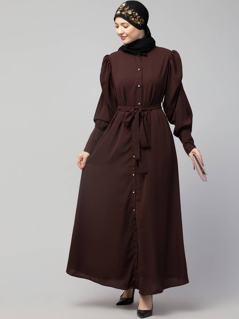 Nazneen Front Open long Cuff Gathered Puffed Sleeve Casual Abaya