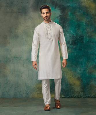 Off White Pure Chanderi Emb. Kurta With Off White Chudidar 1