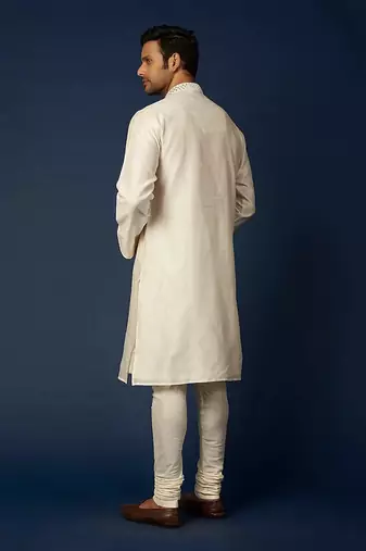 Off White Pure Chanderi Emb. Kurta With Off White Chudidar