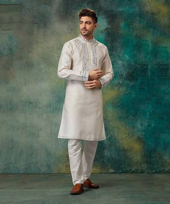 Off White Pure Chanderi Emb. Kurta With Off White Chudidar 1