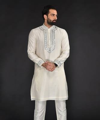 Off White Pure Chanderi Emb. Kurta With Off White Chudidar 2