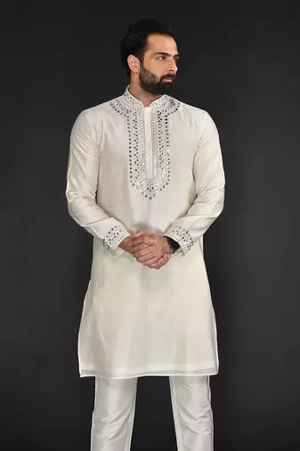 Off White Pure Chanderi Emb. Kurta With Off White Chudidar