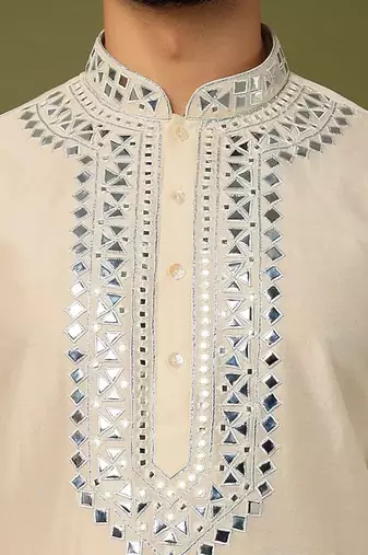 Off White Pure Chanderi Emb. Kurta With Off White Chudidar