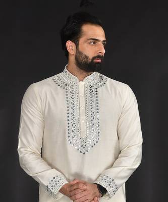 Off White Pure Chanderi Emb. Kurta With Off White Chudidar 5