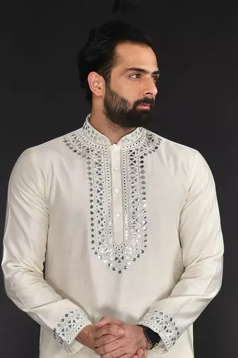 Off White Pure Chanderi Emb. Kurta With Off White Chudidar