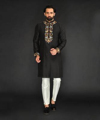 Black Pure Chanderi Emb. Kurta With Off White Chudidar 1